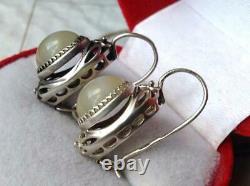 Cute Vintage USSR Sterling Silver 875 Womens Earrings Natural Stone Agate Gift