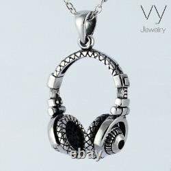 DJ Music Headphones Disc Heavy 3D Pendant 925 Sterling Silver Men Women Gift VY