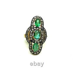 Emerald Gemstone 925 Sterling Silver Pave Diamond Ring Handmade Gift Jewelry