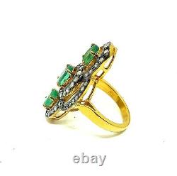 Emerald Gemstone 925 Sterling Silver Pave Diamond Ring Handmade Gift Jewelry