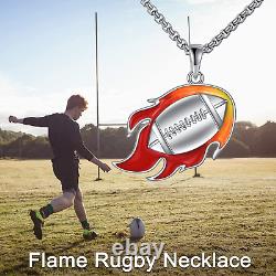 Football Necklace Sterling Silver Fire Rugby Pendant Never Give up Jewelry Gifts