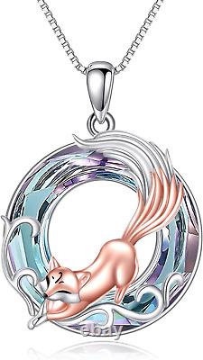 Fox Purple Crystal Necklace Sterling Silver Circle Pendant Jewelry Gift for Wife