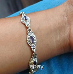 Gemstone Genuine Amethyst Link Bracelet Sterling Silver Handmade Jewelry Gift