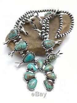 Gift Navajo Squash Blossom Naja Pendant Sterling Silver Turquoise #8 28in 3139