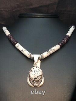 Gift Navajo Sterling Silver WHITE BUFFALO Turquoise Necklace Pendant 23 4013
