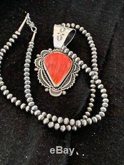 Gift Sale Navajo Sterling Silver Necklace Red SPINY OYSTER Pendant Set 4314