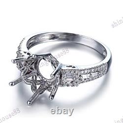 Gift Silver Round 10mm Semi Mount Baguette 0.3CT Real Diamond Ring Fine Jewelry