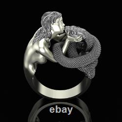 Girl kissing a snake ring 925 Sterling Silver Gothic jewelry love Handmade Gift