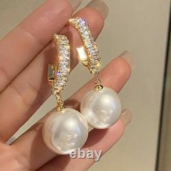 Gorgeous Hoop Earrings Women Yellow Gold Finish Pearl Wedding Jewelry Gift