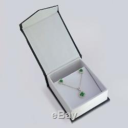 Halo Green Emerald & CZ. 925 Sterling Silver Earring & Pendant Jewelry Gift Set