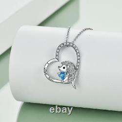 Hedgehog Necklace Sterling Silver Heart Blue CZ Jewelry Gift for Women Girls 18