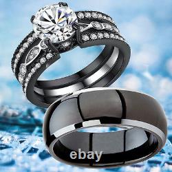 His Hers Titanium Stainless Steel Engagement Ring Matching Wedding Band Set Gift