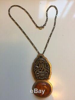 Huge Antique Vtg GiftSign AKR Russian Sterling Silver Amber Pendant Necklace
