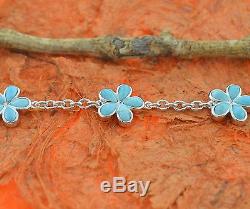 Larimar Flower Bracelet, Silver, Hawaiian, Plumeria, Chain, Link, Birthday, Gift Idea