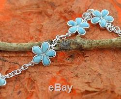 Larimar Flower Bracelet, Silver, Hawaiian, Plumeria, Chain, Link, Birthday, Gift Idea