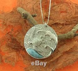 Larimar Turtle CZ Pendant-Sterling Silver-Round, Honu, Hawaiian, Sea Life, Gift Idea