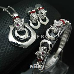 Leopard Head Earrings Necklace Bracelet Animal Cat Silver Gift Jewelry Set-R
