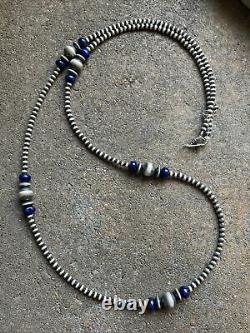 Long Sterling Silver Blue Lapis W Navajo Pearls Bead Necklace. 35 inch. Gift