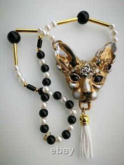 Luxury jewelry simulated pearl gold silver precious stones necklace sphynx cat 2