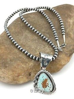 MENS Gift Sterling Silver Turquoise#8 Pendant Navajo Pearl Necklace 2.25 4817