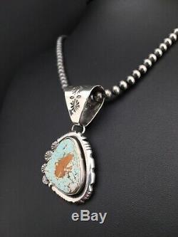 MENS Gift Sterling Silver Turquoise#8 Pendant Navajo Pearl Necklace 2.25 4817