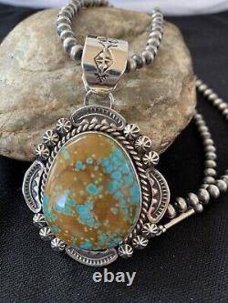 MENS Sterling Silver Blue Turquoise#8 Pendant Navajo Pearl Necklace Gift 1404