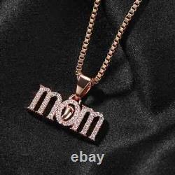 MOM Letters Real Moissanite Pendant Necklace 14K Rose Gold Plated Jewelry Gift