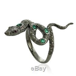 Memorial Gift Emerald Pave Diamond Vintage Ring 14k Gold 925 Silver Snake Ring