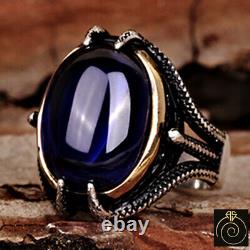 Men's Ring Sapphire Vintage Claw Rings Fantasy Silver Cool Jewelry Warrior Gift