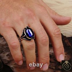 Men's Ring Sapphire Vintage Claw Rings Fantasy Silver Cool Jewelry Warrior Gift