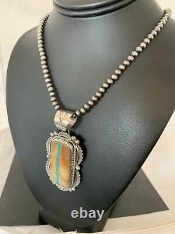 Mens Gift Navajo Pearls Sterling Silver Boulder Turquoise Necklace Pendant 289