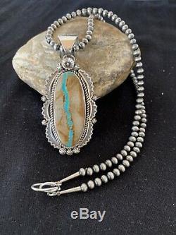 Mens Gift Navajo Pearls Sterling Silver Boulder Turquoise Necklace Pendant 295