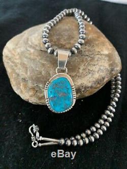 Mens Gift Navajo Pearls Sterling Silver KINGMAN Turquoise Necklace Pendant 4297