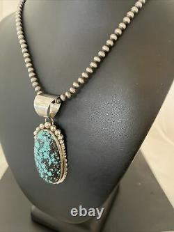 Mens Gift Navajo Sterling Silver Blue SpiderWeb Turquoise Necklace Pendant 01646