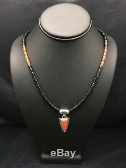 Mens Gift Navajo Sterling Silver Necklace Onyx Spiny Oyster Pendant USA 4271 Sal