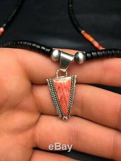 Mens Gift Navajo Sterling Silver Necklace Onyx Spiny Oyster Pendant USA 4271 Sal