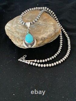 Mens Gift Sale Navajo Sterling Silver Blue Turquoise Necklace Pendant Set 4018