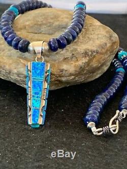 Mens Gift Sale Navajo TURQUOISE Lapis Sterling Silver Necklace OPAL Pendant 4327