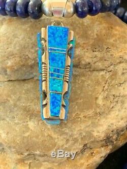 Mens Gift Sale Navajo TURQUOISE Lapis Sterling Silver Necklace OPAL Pendant 4327