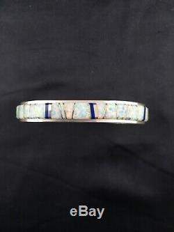 Mens Native American Navajo Sterling Silver Inlay Opal Lapis Bracelet 4542 Gift