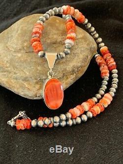 Mens Navajo Sterling Silver Red SPINY OYSTER Necklace Pendant Gift 8831