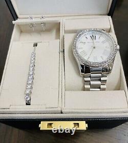 Michael Kors Lexington Three Hand Stainless Silver Watch Jewelry Gift Set MK1087