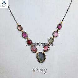 Multi Tourmaline Diamond Necklace 925 Silver Gemstone Jewelry Women Jewelry Gift