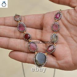 Multi Tourmaline Diamond Necklace 925 Silver Gemstone Jewelry Women Jewelry Gift