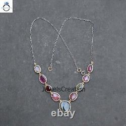 Multi Tourmaline Diamond Necklace 925 Silver Gemstone Jewelry Women Jewelry Gift