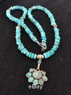 NA Sterling Silver Turquoise Necklace Feather Pendant Navajo Pearls K Gift