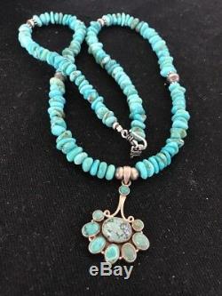 NA Sterling Silver Turquoise Necklace Feather Pendant Navajo Pearls K Gift