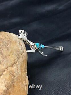 NATIVE AMERICAN Navajo STERLING SILVER Turquoise Inlay Roadrunner PIN 2897 Gift