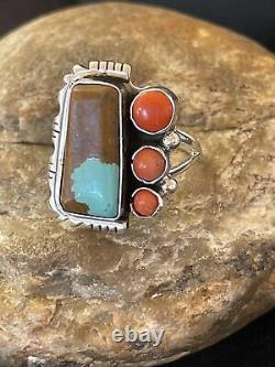 Native Americ Navajo Sterling Silver Coral Turquoise#8 Ring Sz10 Yazzie Gift1129