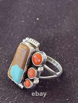 Native Americ Navajo Sterling Silver Coral Turquoise#8 Ring Sz10 Yazzie Gift1129